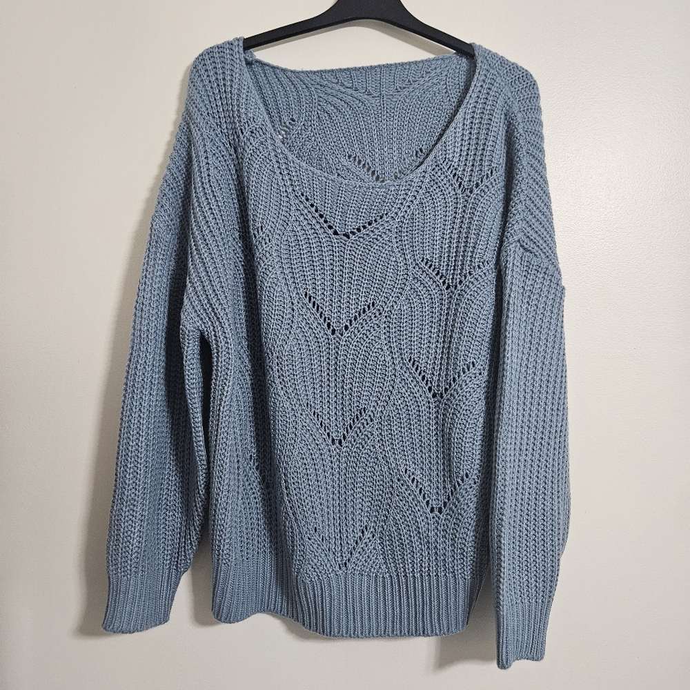 Cozy Fall Lagenlook Blue Periwinkle Slouchy Woven Loose Knit Comfy Sweater Sz L